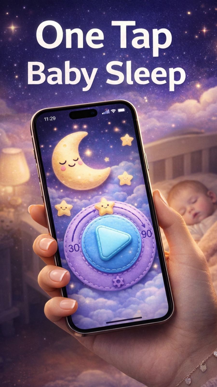 Lullaby Button main screen with one tap baby sleep interface